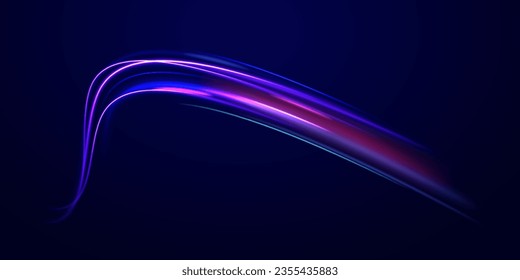 High speed light effect, digital hyperspace or speed of light. 3d speedy neon background design with ultra violet and blue laser light. Colorful light trails with motion effect. Vector illustration.