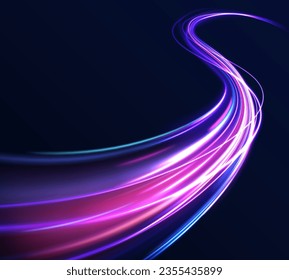 High speed light effect, digital hyperspace or speed of light. 3d speedy neon background design with ultra violet and blue laser light. Colorful light trails with motion effect. Vector illustration.