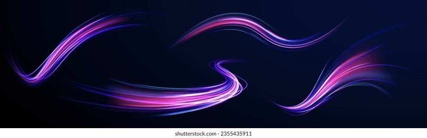 Efecto de luz de alta velocidad, hiperespacio digital o velocidad de la luz. 3 d diseño rápido de fondo neón con luz láser ultra violeta y azul. Viajes de luz coloridos con efecto de movimiento. Ilustración vectorial.