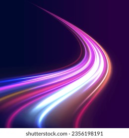 Efecto de luz de alta velocidad, hiperespacio digital o velocidad de la luz. 3 d diseño rápido de fondo neón con luz láser ultra violeta y azul. Viajes de luz coloridos con efecto de movimiento. Ilustración vectorial.