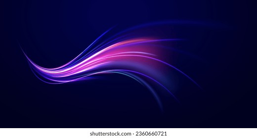 High speed light effect, digital hyperspace or speed of light. 3d speedy neon background design with ultra violet and blue laser light. Colorful light trails with motion effect. Vector illustration.