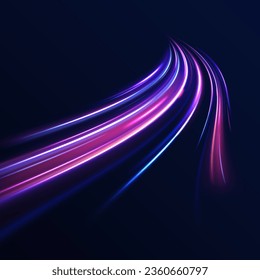 High speed light effect, digital hyperspace or speed of light. 3d speedy neon background design with ultra violet and blue laser light. Colorful light trails with motion effect. Vector illustration.