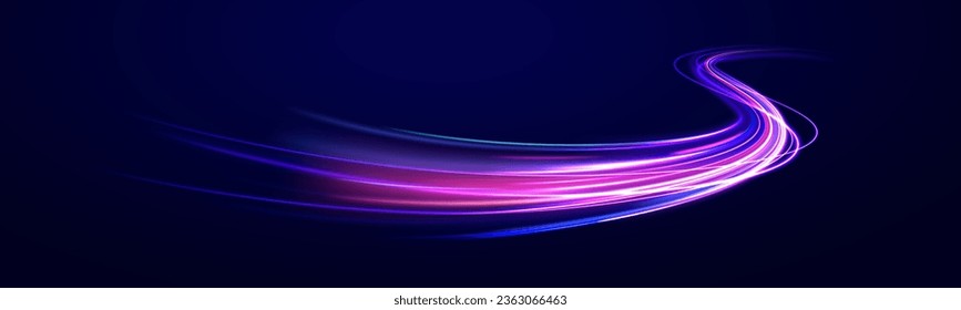 High speed light effect, digital hyperspace or speed of light. 3d speedy neon background design with ultra violet and blue laser light. Colorful light trails with motion effect. Vector illustration.