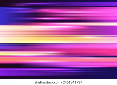 Ilustración vectorial de líneas de luz de alta velocidad. Fondo de diseño de movimiento dinámico colorido. Rastros con efecto de desenfoque de movimiento. Los rayos Abstractas se precipitan horizontalmente movimiento, exposición de largo tiempo, destello de lente