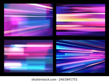 Conjunto de fondos de diseño de Vector de líneas de luz de alta velocidad. Coloridos rastros dinámicos con efecto de desenfoque de movimiento. Los rayos Abstractas se precipitan horizontalmente y el movimiento enfocado, la exposición de largo tiempo, el destello de la lente