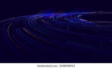 Fundo de dados de Internet de partículas de luz de alta velocidade. Conceito de fluxo de dados de banda larga de Internet de velocidade rápida de estrada digital. Efeito de curva de torção de arco leve. Ilustração de vetor.