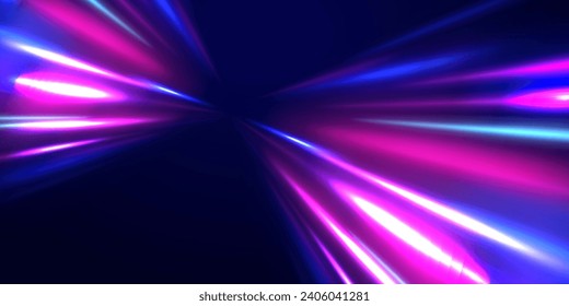 Líneas de alta velocidad con enfoque. Giro de movimiento vector abstracto. Rosa neón realista, velocidad de línea con reflexiones. Chispas brillantes de color de ola espiral. 