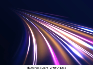 High speed lines with focus. Abstract vector motion twist. Realistic neon pink, line speed with reflections. Colored shiny sparks of spiral wave. 