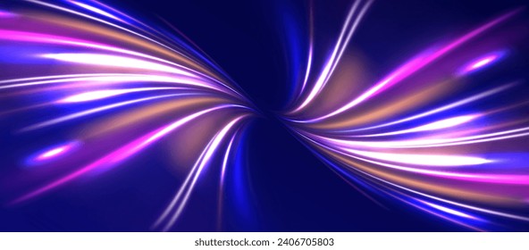 High speed lines with focus. Abstract vector motion twist. Realistic neon pink, line speed with reflections. Colored shiny sparks of spiral wave. 