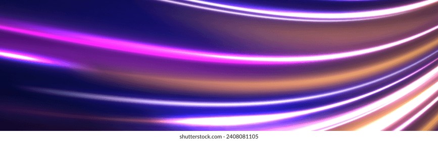 High speed lines with focus. Abstract vector motion twist. Realistic neon pink, line speed with reflections. Colored shiny sparks of spiral wave. 