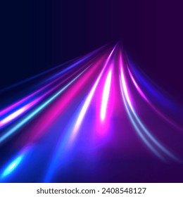 High speed lines with focus. Abstract vector motion twist. Realistic neon pink, line speed with reflections. Colored shiny sparks of spiral wave. 