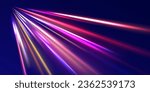 High Speed Lines With Focus. Light dynamic motion vector art, light trail, high speed effect, motion motion. light motion effect, traffic slow shutter, cyberpunk neon. Vector illustration. 