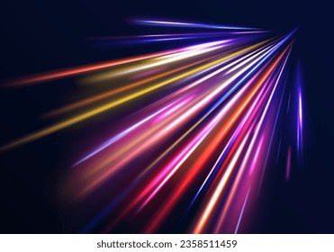 High Speed Lines With Focus. Light dynamic motion vector art, light trail, high speed effect, motion motion. light motion effect, traffic slow shutter, cyberpunk neon. Vector illustration. 