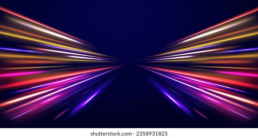 High Speed Lines With Focus. Light dynamic motion vector art, light trail, high speed effect, motion motion. light motion effect, traffic slow shutter, cyberpunk neon. Vector illustration. 