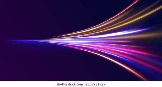 High Speed Lines With Focus. Light dynamic motion vector art, light trail, high speed effect, motion motion. light motion effect, traffic slow shutter, cyberpunk neon. Vector illustration. 