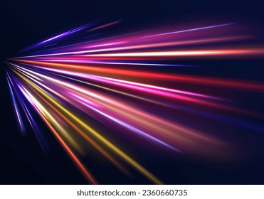 High Speed Lines With Focus. Light dynamic motion vector art, light trail, high speed effect, motion motion. light motion effect, traffic slow shutter, cyberpunk neon. Vector illustration. 