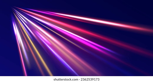 High Speed Lines With Focus. Light dynamic motion vector art, light trail, high speed effect, motion motion. light motion effect, traffic slow shutter, cyberpunk neon. Vector illustration. 