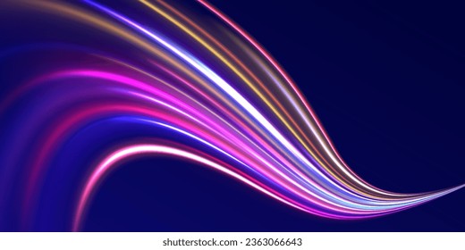 Líneas De Alta Velocidad Con Enfoque. Arte vectorial de movimiento dinámico claro, traza de luz, efecto de alta velocidad, movimiento. efecto de movimiento de la luz, cierre lento del tráfico, neón ciberpunk. Ilustración vectorial. 