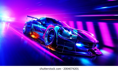 High speed luxury sport driving in the city - futuristic car concept (with grunge overlay) generic and brand less - 3d illustration svg