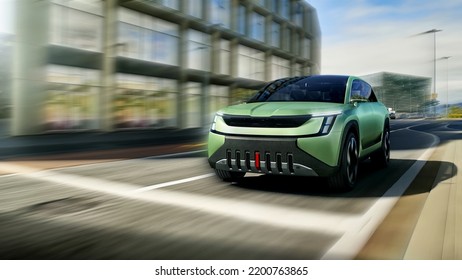 High speed luxury sport driving in the city - futuristic car concept (with grunge overlay) generic and brand less - 3d illustration svg