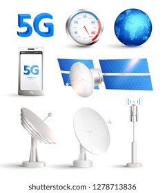 High speed mobile internet realistic set with satellites and smartphone with title 5g isolated vector illustration