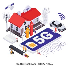 High speed modern internet 5G technology isometric concept with satellite antenna cloud wi fi signs 