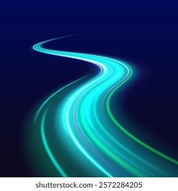 High speed motion blur effect, green night lights. Acceleration speed motion on night road. Vector glitter light fire flare trace.	