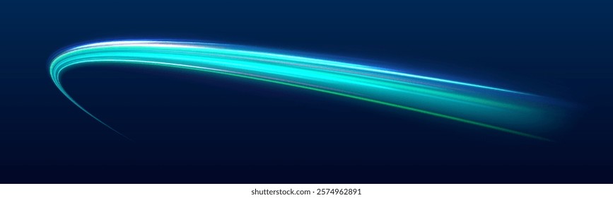High speed motion blur effect, green night lights. Acceleration speed motion on night road. Vector glitter light fire flare trace.	