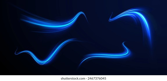 High speed motion blur light effects at night, blue line. Purple glowing wave swirl. Light arc in neon colors, in the form of a turn and a zigzag.