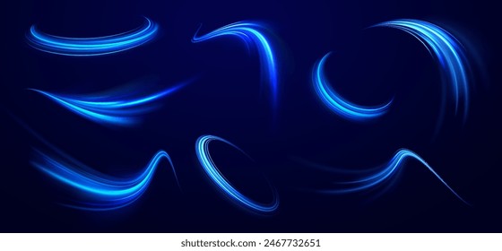 High speed motion blur light effects at night, blue line. Purple glowing wave swirl. Light arc in neon colors, in the form of a turn and a zigzag.