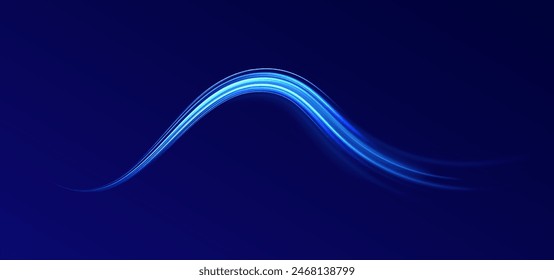 Efectos de desenfoque de movimiento de alta velocidad por la noche, línea azul. Torbellino de ola púrpura brillante. Arco claro en colores neón, en forma de giro y zigzag.
