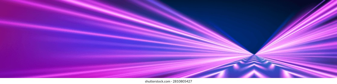 High speed motion blurred lines, neon racing car trails on dark background. Abstract vector road, night highway, glowing blue, purple light streaks with dynamic speed effect, perspective tunnel banner