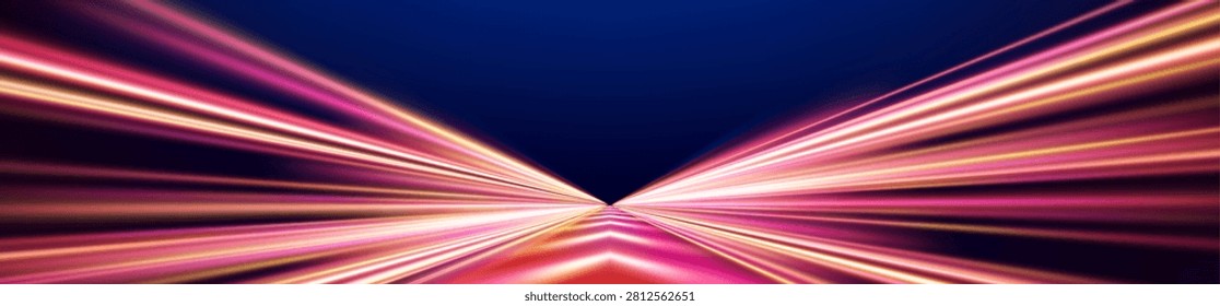 High speed motion blurred lines, neon racing car trails on dark background. Abstract vector road, night highway, glowing golden light streaks with dynamic speed effect, perspective tunnel banner