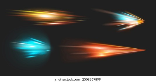 High speed motion blurry trails and dynamic shapes. Vector isolated effects of movement, futuristic flash perspective. Light on roads or street at night. Neon glowing and shining in rapid moment