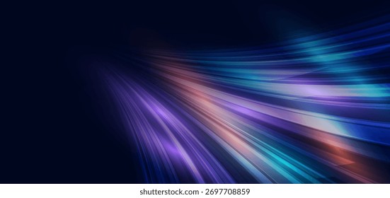 High speed multicolor curved lines on dark blue background. High speed motion moving concept. Vector illustration