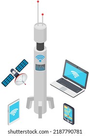 High speed network technology for connection over Internet. Wireless user communication. Base station, mobile data tower, telecommunication signal transmitter. Signal connection equipment