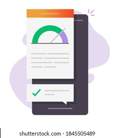 High speed performance mobile phone smartphone report online vector icon flat cartoon illustration, cellphone and loading speed meter test document app on screen modern design isolated