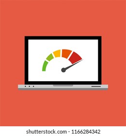 High speed performances computer online, Laptop with speed test on the screen. Vector illustration.