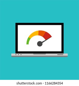 High speed performances computer online, Laptop with speed test on the screen. Vector illustration.