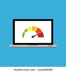High speed performances computer online, Laptop with speed test on the screen. Vector illustration.