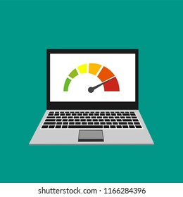 High speed performances computer online, Laptop with speed test on the screen. Vector illustration.