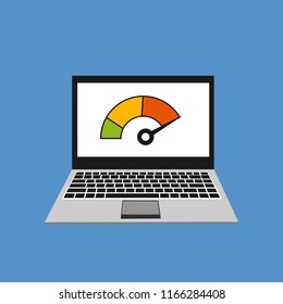Alta velocidad de rendimiento en Internet, portátil con prueba de velocidad en la pantalla. Ilustración vectorial.