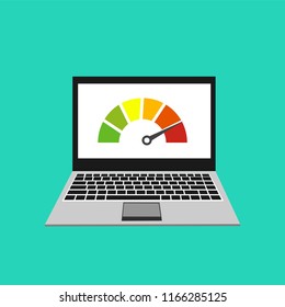 High speed performances computer online, Laptop with speed test on the screen. Vector illustration.