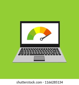 High speed performances computer online, Laptop with speed test on the screen. Vector illustration.