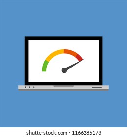 High speed performances computer online, Laptop with speed test on the screen. Vector illustration.