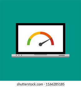 High speed performances computer online, Laptop with speed test on the screen. Vector illustration.
