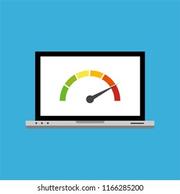 High speed performances computer online, Laptop with speed test on the screen. Vector illustration.