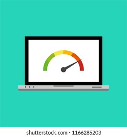 Alta velocidad de rendimiento en Internet, portátil con prueba de velocidad en la pantalla. Ilustración vectorial.