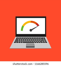 High speed performances computer online, Laptop with speed test on the screen. Vector illustration.
