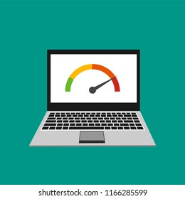 High speed performances computer online, Laptop with speed test on the screen. Vector illustration.